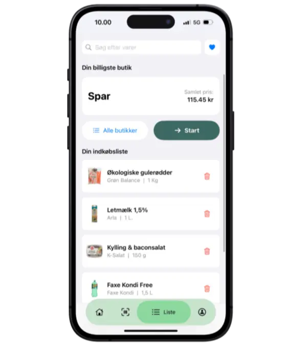 Færdiglavet indkøbsliste i SmartCart appen